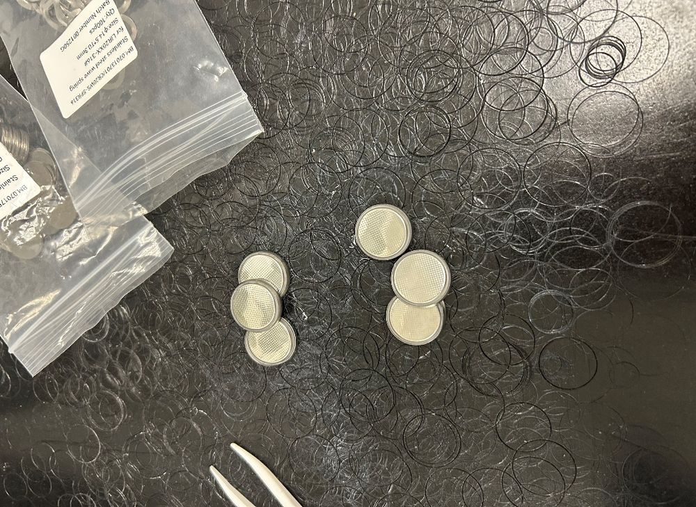 Crimped coin cells on a black bench surrounded by cut separator discs